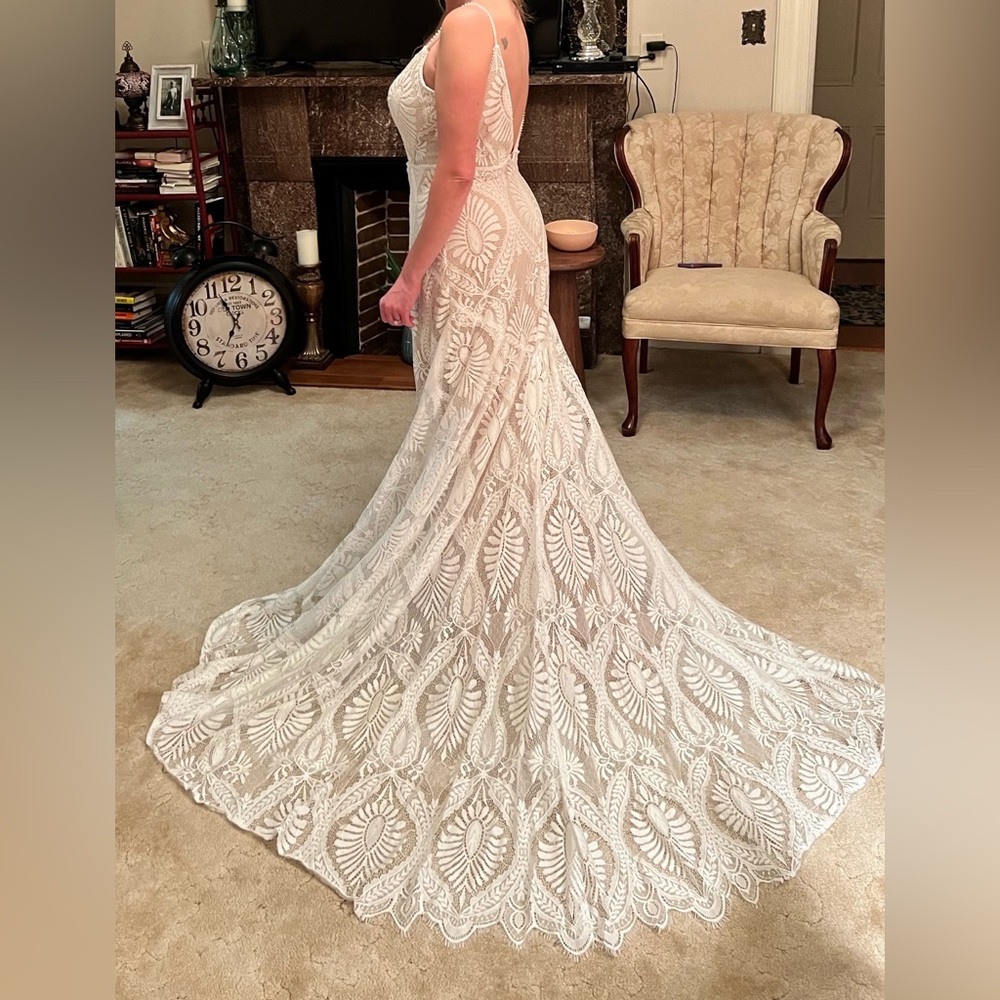 Elegant Beach Boho White and Nude Lace Gown